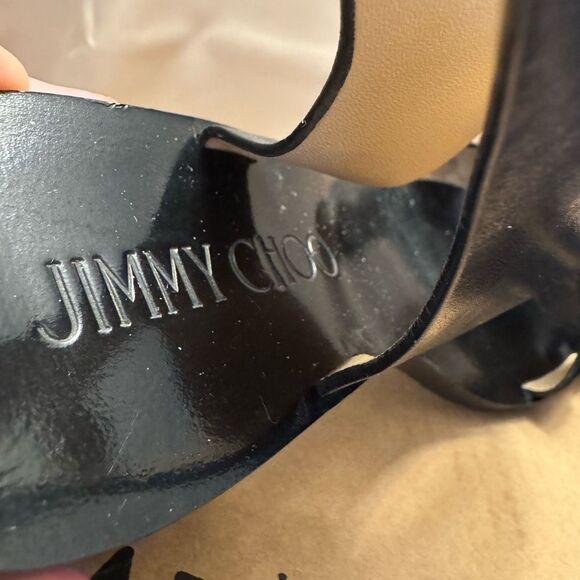 Jimmy Choo Valla-Style Black Leather Block Heel Sandals w/ Chain Detail, Size 38 - Picture 10 of 13